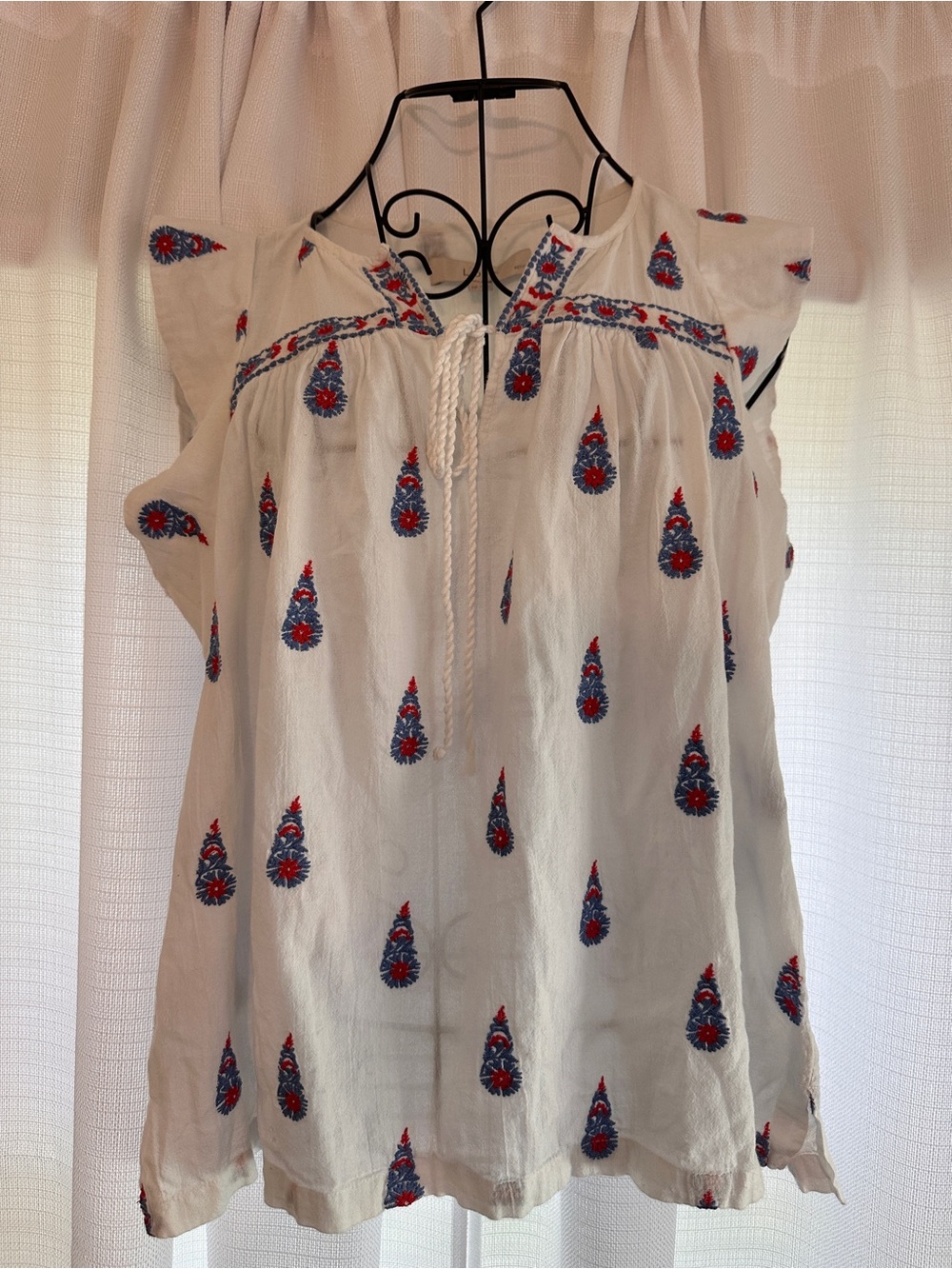 LOFT White Embroidered Tie-Front Boho Tunic with Red and Blue Motifs